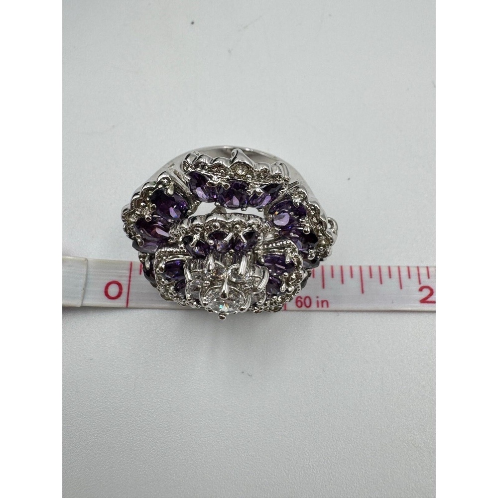 Silver Tone Purple & White Crystal Flower Bold Statement Cocktail Ring Size 7 - Picture 8 of 8